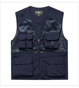 Detail view of navy multi-pocket outdoor vest featuring breathable mesh and zip closure