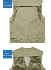 Detail of khaki outdoor vest showing breathable back mesh and layered structure