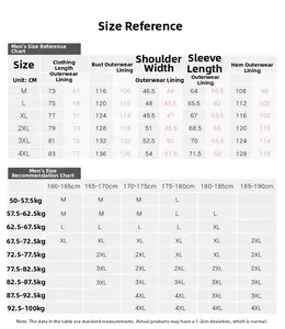 Detailed men's outdoor jacket size chart with measurements from M to 4XL in centimeters