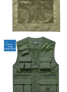 Detail view of army green mesh tactical vest featuring multi-pockets and D-rings