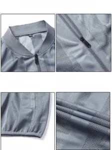 Vue détaillée du gilet en maille grise respirante avec col montant et fermeture éclair
