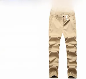 Detailed view of khaki straight-leg casual pants featuring zipper fly and side pocket design