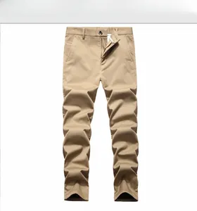 Flat lay of khaki men's cotton pants showing waistband details and metal button closure