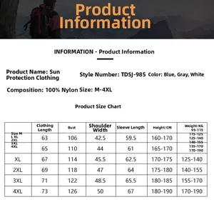 Detailed size chart for men's sun protection outdoor jacket with measurements in cm