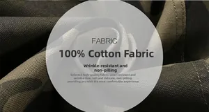 Detail showing 100% cotton camouflage fabric with anti-pilling and wrinkle-resistant texture