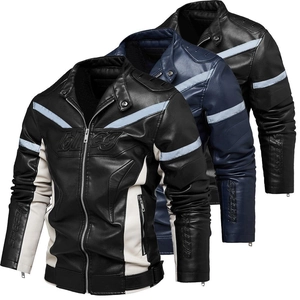 Men PU Leather Motorcycle Jacket With Cotton Lining Reflective Strip Stand Collar Slim Fit Autumn Winter Faux Leather Coat For Men