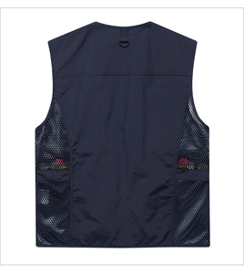 Detail view of navy blue outdoor vest with breathable mesh panels and D-ring hook