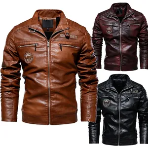 Men's motorcycle PU leather jacket with stand collar and retro badges in three colors
