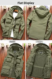 Detail view of army green convertible jacket with detachable sleeves and mesh lining