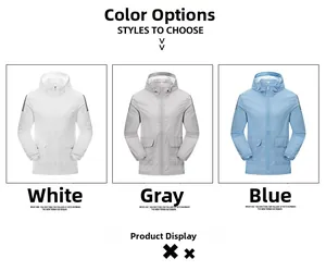 Close-up of lightweight sun protection jackets in white, grey, and blue colors