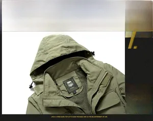 Detail of army green jacket collar with adjustable hood, zipper, and mesh lining