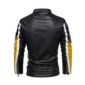 Veste moto homme en cuir noir avec bandes blanc jaune et détails matelassés au dos