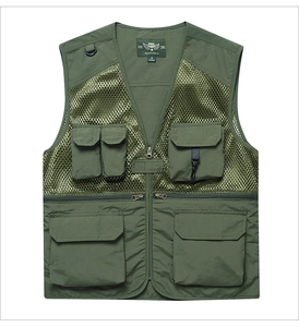 Close-up of military green fishing vest showing breathable mesh and functional pockets