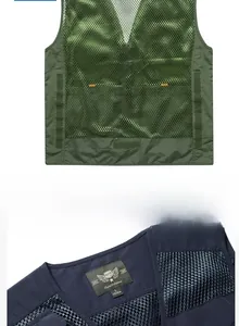 Detail view of breathable mesh fabric and collar label for outdoor fishing tactical vest