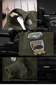 Detail of military style embroidery patches and ribbed cuffs on army green pilot jacket