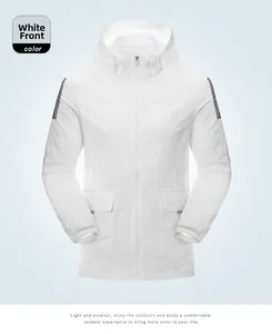Detail view of a white lightweight sun protection jacket with reflective shoulder panels