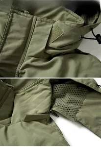 Close-up of olive green tactical jacket featuring mesh lining and adjustable hood drawstring