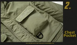 Detail of army green jacket chest pocket with CLASSIC embroidery and D-ring buckle