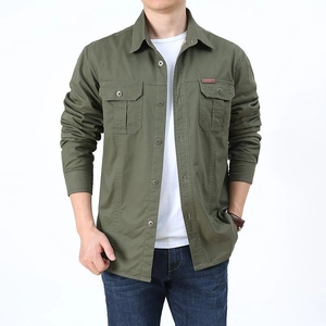 Men's army green long sleeve warm fleece shirt with buttoned chest pockets and lapel collar