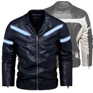 Men's navy blue and gray PU motorcycle jacket with speedr embroidery and racing style