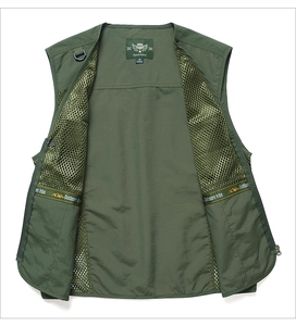 Detail view of military green outdoor vest featuring breathable mesh lining and size tag