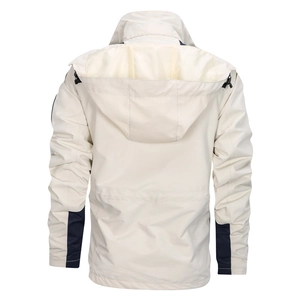 Rear view of off-white waterproof outdoor jacket with dark blue cuffs and hooded design