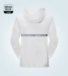 Back view of ultra-thin white sun protection jacket with reflective safety stripe