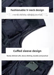 Detail of V-neck tactical vest featuring breathable mesh panels and large utility pockets