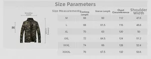 Detailed size chart for men camouflage tactical jacket with measurements for M to 4XL sizes