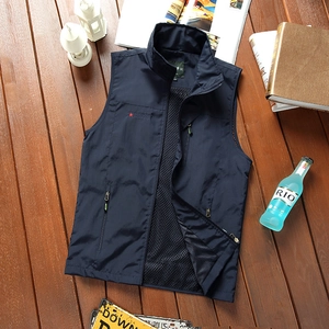 Men's dark blue quick-dry outdoor vest with mesh lining and multiple zipper pockets