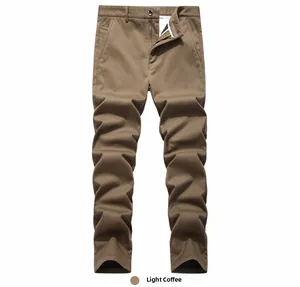 Detailed view of light coffee men's straight casual trousers with zip fly and side pockets