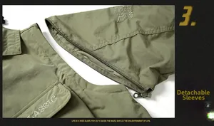 Detail view of military green waterproof jacket featuring detachable zipper sleeves