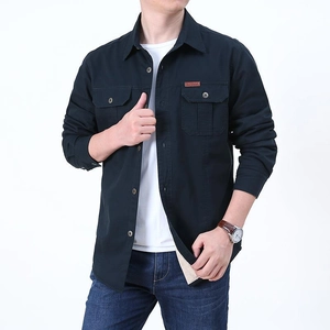 Men's navy blue fleece-lined thermal shirt with dual pockets and outdoor style