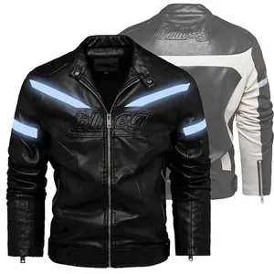 Men's black motorcycle PU jacket with blue reflective stripes and speed embossing