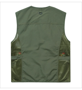 Rear view of army green mesh fishing vest with breathable nylon fabric and D-ring hook