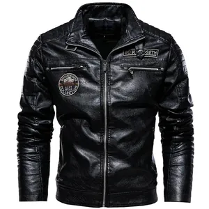 Men's black PU leather motorcycle jacket with stand collar and embroidered patches