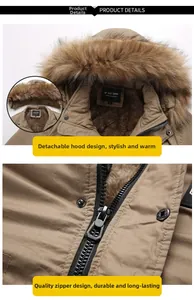 Détails de la veste d'hiver kaki avec capuche en fausse fourrure amovible et doublure polaire