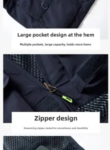 Detail of durable zipper with drawstring and large cargo pockets on tactical vest