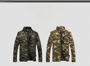 Flat lay of camo military tactical jackets in olive green and khaki with utility pockets