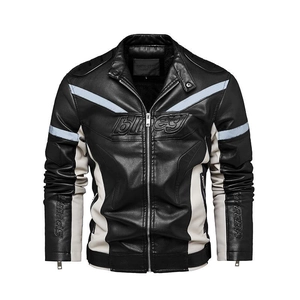 Men's motor biker PU leather jacket with Speed print and reflective stripes in black and white