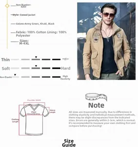 Size guide and measurement chart for military style cotton bomber jacket for men