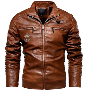 Men's brown motorcycle PU leather jacket with multiple zipper pockets and vintage patches