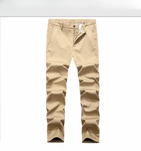 Flat lay of men's khaki casual pants with straight cut and side pockets detail