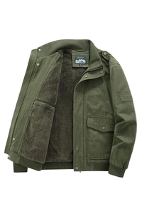 Army green tactical flight jacket for men with warm fleece lining and cargo pockets
