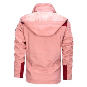 Back view of a pink outdoor 3-in-1 waterproof jacket with a detachable hood and red panels