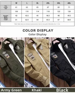 Size chart for men's military style flight jacket showing M to 4XL measurements