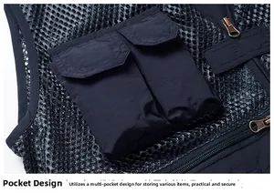 Detail of navy blue mesh fishing vest featuring functional utility pockets and bronze zippers
