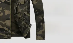 Detail of military camo jacket featuring zipper closure and durable hem stitching