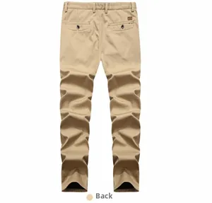 Detail of khaki men's chino pants featuring rear welt pockets with button and leather patch