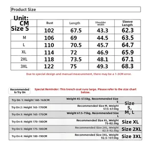 Detailed size chart for men's outdoor jacket showing measurements from S to 3XL
